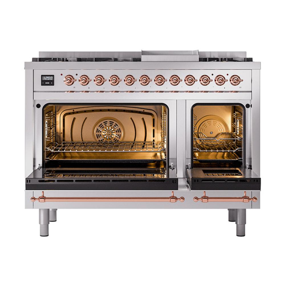 Ilve UN48FQNMPSSPLP Ilve Un48Fqnmpssplp Nostalgie Ii Noblesse 48" Dual Fuel Range (8 Sealed Burners + Griddle, Liquid Propane, Solid Door, Stainless Steel, Copper)