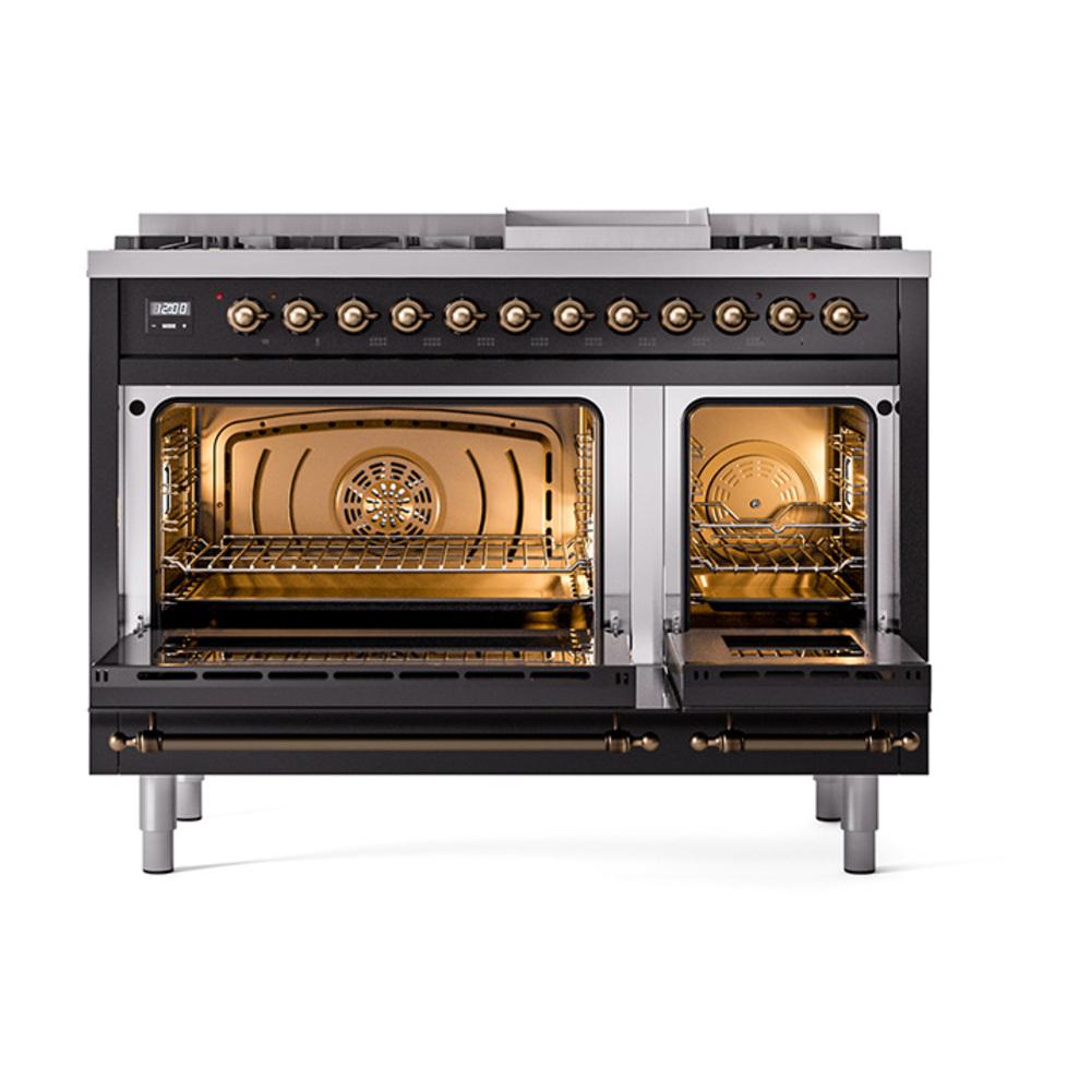 Ilve UN48FQNMPBKB Ilve Un48Fqnmpbkb Nostalgie Ii Noblesse 48" Dual Fuel Range (8 Sealed Burners + Griddle, Natural Gas, Solid Door, Glossy Black, Burnished)