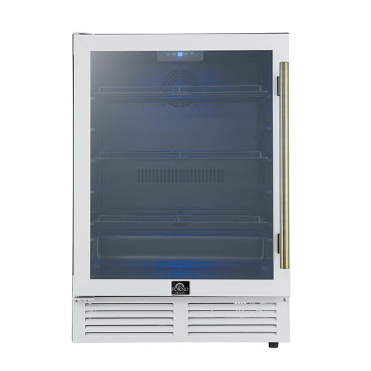Forno FWCDR666524WHT Forno Frescolino 24 Inch Beverage Cooler, White With Antique Brass Handles, With Led Lighting, Triple Glass Door, 188 Can Capacity, Built-In Or Freestanding
