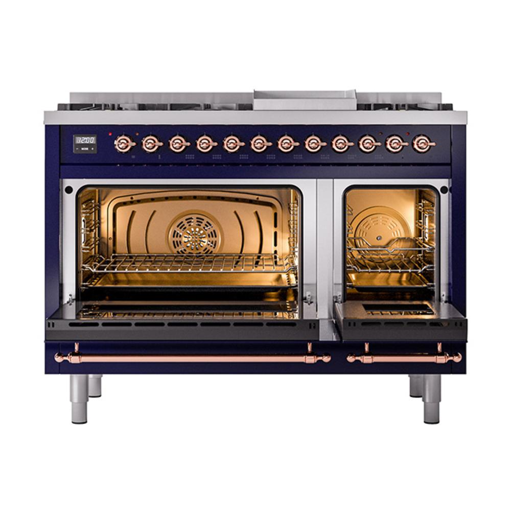 Ilve UN48FQNMPMBP Ilve Un48Fqnmpmbp Nostalgie Ii Noblesse 48" Dual Fuel Range (8 Sealed Burners + Griddle, Natural Gas, Solid Door, Midnight Blue, Copper)