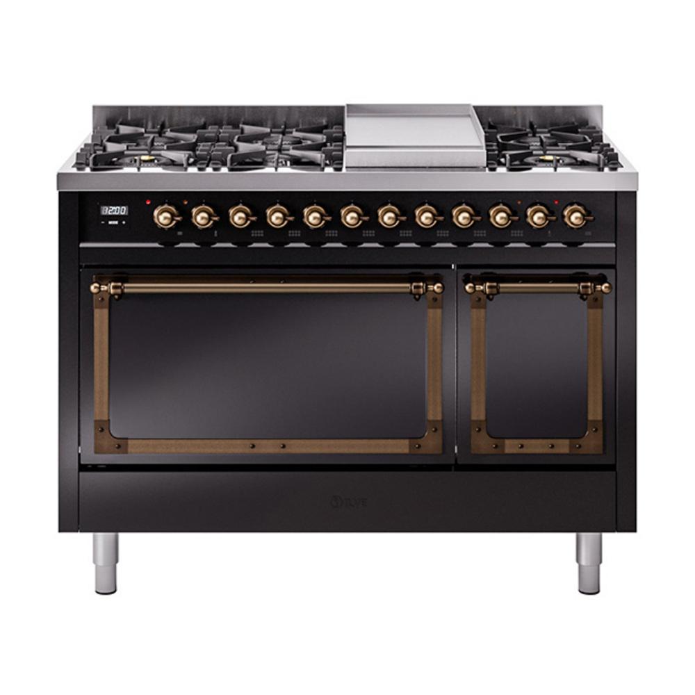 Ilve UN48FQNMPBKB Ilve Un48Fqnmpbkb Nostalgie Ii Noblesse 48" Dual Fuel Range (8 Sealed Burners + Griddle, Natural Gas, Solid Door, Glossy Black, Burnished)