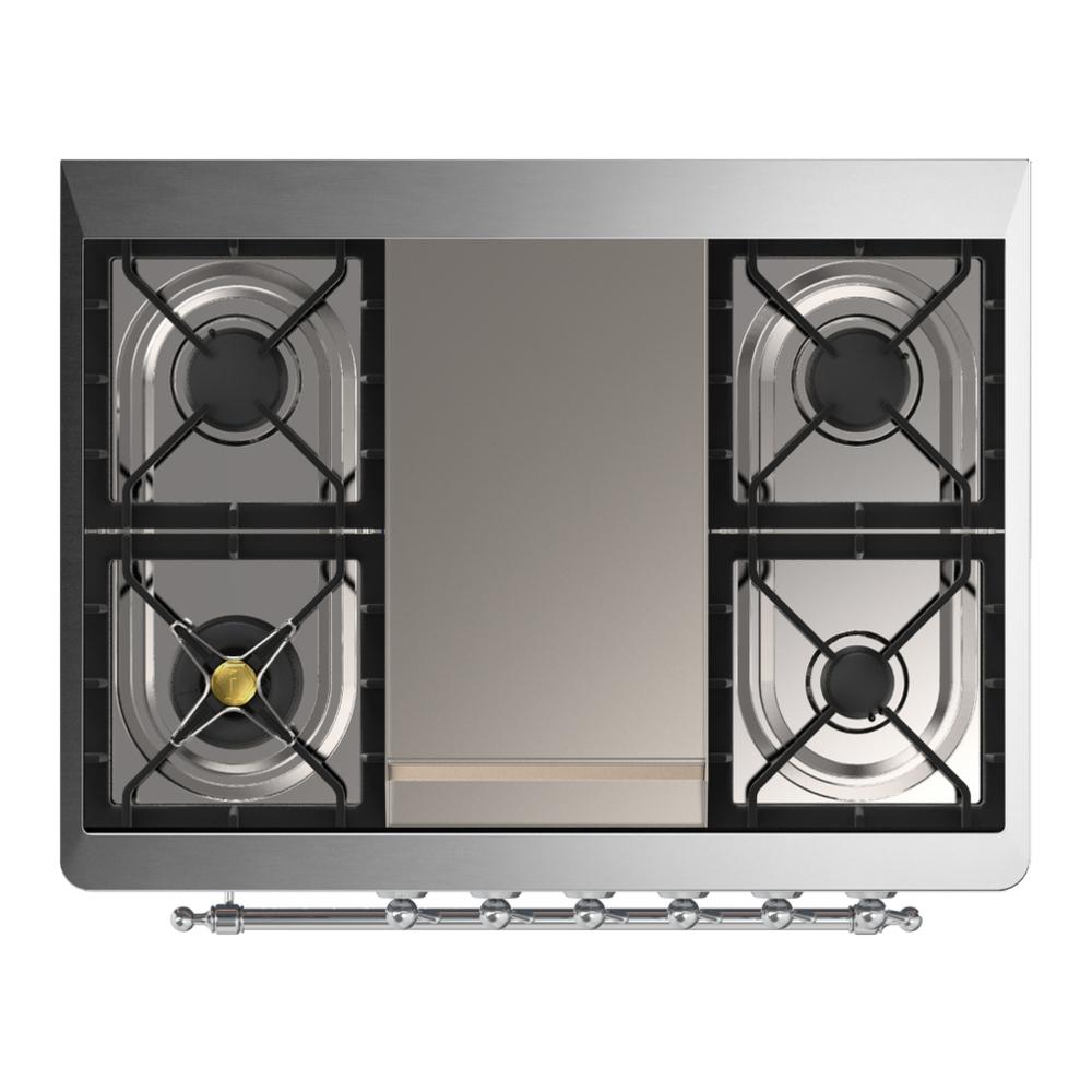 Ilve UM36FQNR3MGCLP Ilve Um36Fqnr3Mgclp Majestic Iii 36 Inch Dual Fuel Range With 6 Black Brass Burners And Griddle, Dual Function Burner Up To 25,000 Btu (Solid Door, Graphite Matte, Chrome, Liquid Propane)