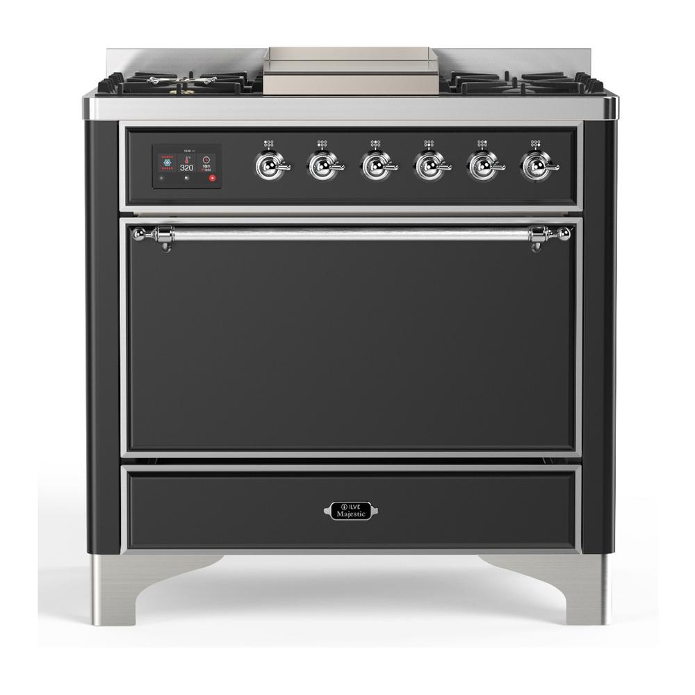 Ilve UM36FQNR3MGCLP Ilve Um36Fqnr3Mgclp Majestic Iii 36 Inch Dual Fuel Range With 6 Black Brass Burners And Griddle, Dual Function Burner Up To 25,000 Btu (Solid Door, Graphite Matte, Chrome, Liquid Propane)