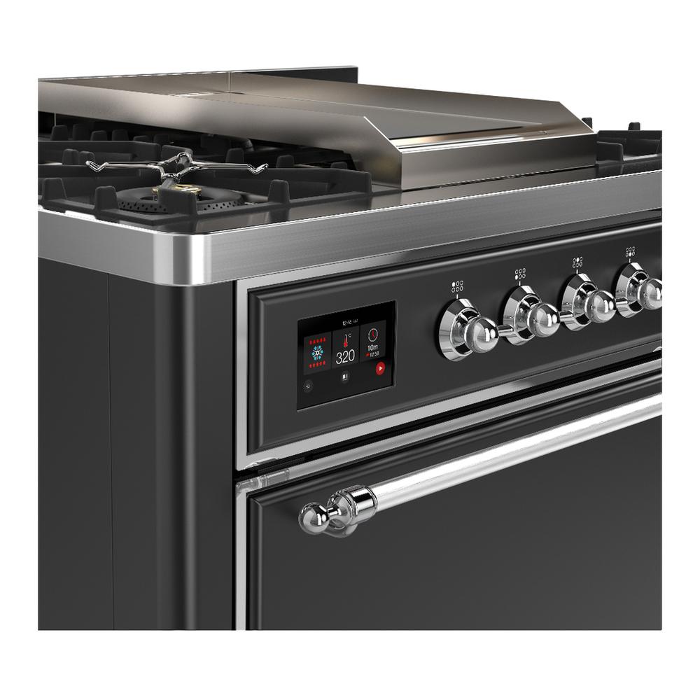Ilve UM36FQNR3MGCLP Ilve Um36Fqnr3Mgclp Majestic Iii 36 Inch Dual Fuel Range With 6 Black Brass Burners And Griddle, Dual Function Burner Up To 25,000 Btu (Solid Door, Graphite Matte, Chrome, Liquid Propane)