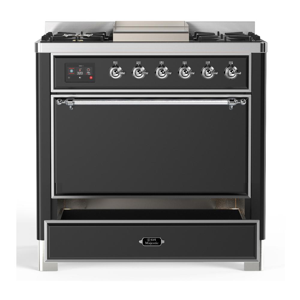 Ilve UM36FQNR3MGCLP Ilve Um36Fqnr3Mgclp Majestic Iii 36 Inch Dual Fuel Range With 6 Black Brass Burners And Griddle, Dual Function Burner Up To 25,000 Btu (Solid Door, Graphite Matte, Chrome, Liquid Propane)