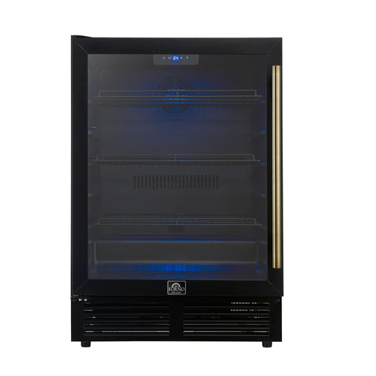 Forno FWCDR666524BLK Forno Frescolino 24 Inch Beverage Cooler, Black With Antique Brass Handles, With Led Lighting, Triple Glass Door, 188 Can Capacity, Built-In Or Freestanding