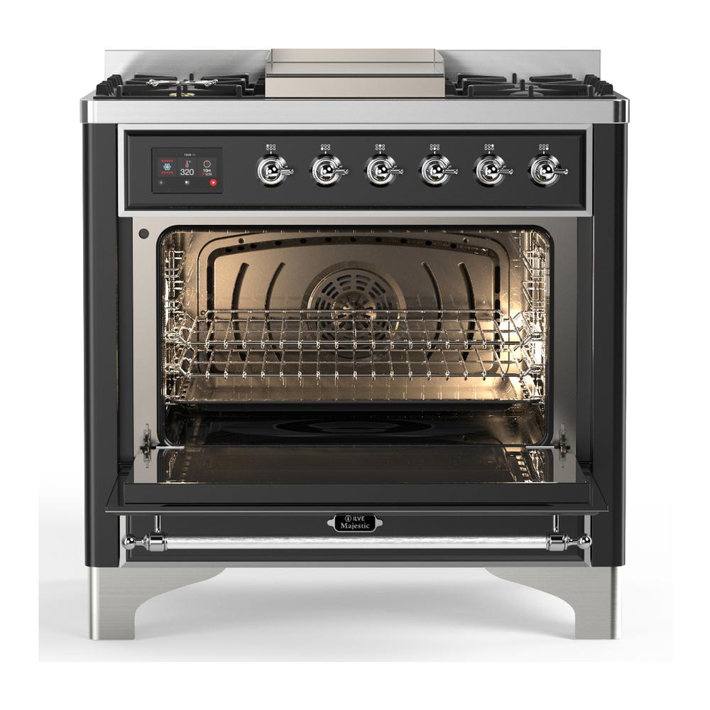 Ilve UM36FQNR3MGCLP Ilve Um36Fqnr3Mgclp Majestic Iii 36 Inch Dual Fuel Range With 6 Black Brass Burners And Griddle, Dual Function Burner Up To 25,000 Btu (Solid Door, Graphite Matte, Chrome, Liquid Propane)