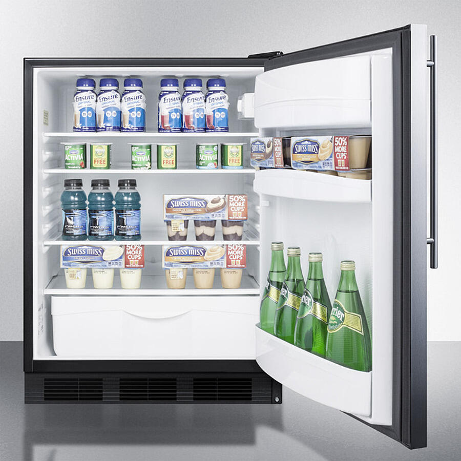 Summit FF6BKBI7SSHV Commercially Listed Built-In Undercounter All-Refrigerator For General Purpose Use, Autom Defrost W/Ss Wrapped Door, Thin Handle, And Black Cabinet