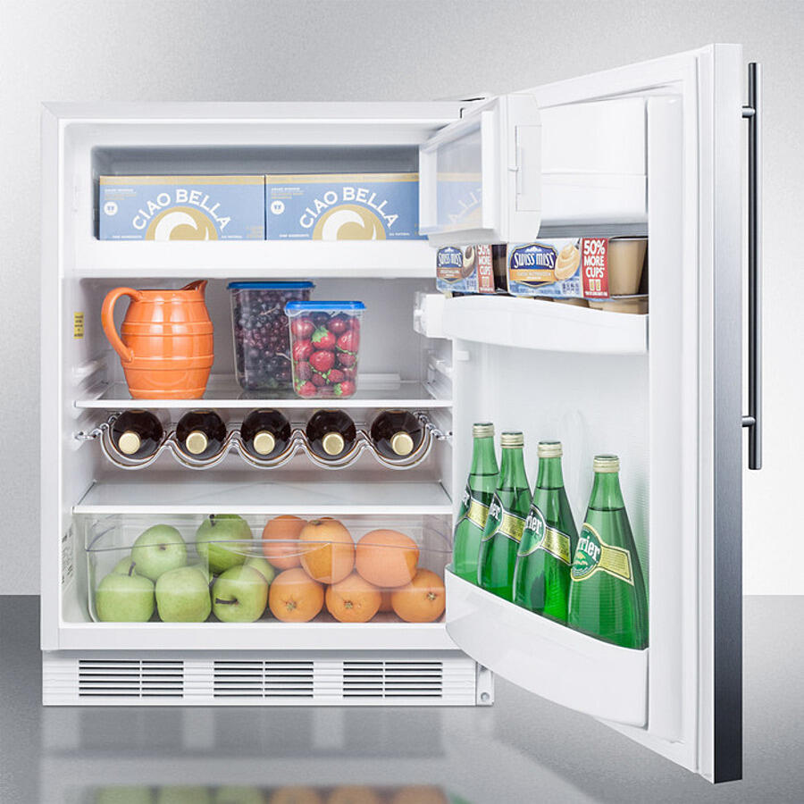 Summit CT661WSSHV Freestanding Counter Height Refrigerator-Freezer For Residential Use, Cycle Defrost With A Stainless Steel Wrapped Door, Thin Handle, And White Cabinet